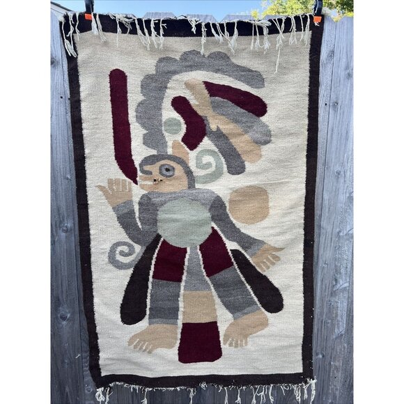 VTG Mexican Woven Wool Rug Aztec Standing Figure god Wall Hang 36" x 56" AS IS - Picture 1 of 10